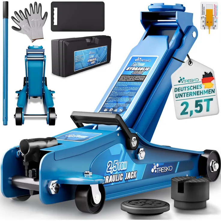 TRESKO® Hydraulischer Wagenheber 2,5T, Hubhöhe 85-385mm, flach für tiefergelegte Autos, mit 360° Rollen und Tragekoffer, inkl. 2 Gummiauflagen, Schutzmatte, Handschuhe, Profilmesser