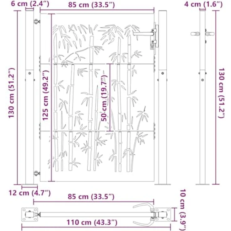 vidaXL Gartentor, Gartenzaun 105x75 cm, Cortenstahl mit Bambus Design, pulverbeschichtet in Schwarz – Bild 3