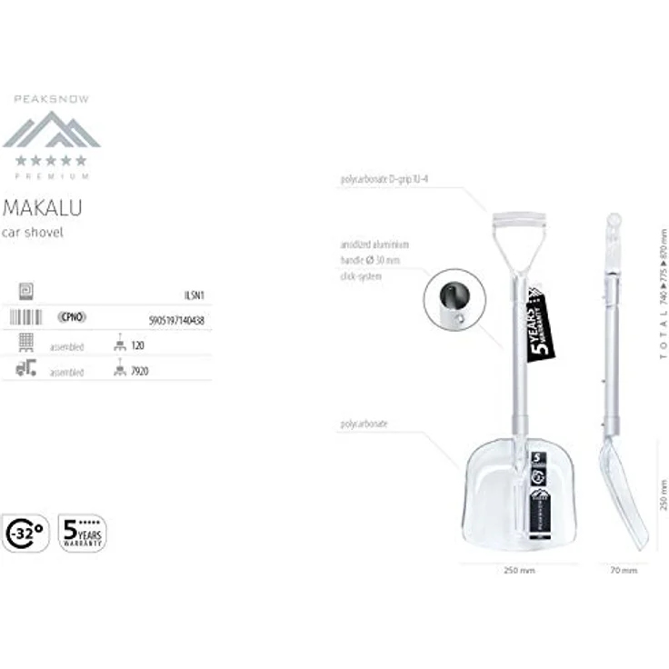 Prosperplast Kfz-Schaufel Peaksnow Makalu, Klappschaufel aus Polycarbonat, weiß, frostbeständig bis -32 °C, 25 cm Länge, 736 g – Bild 7