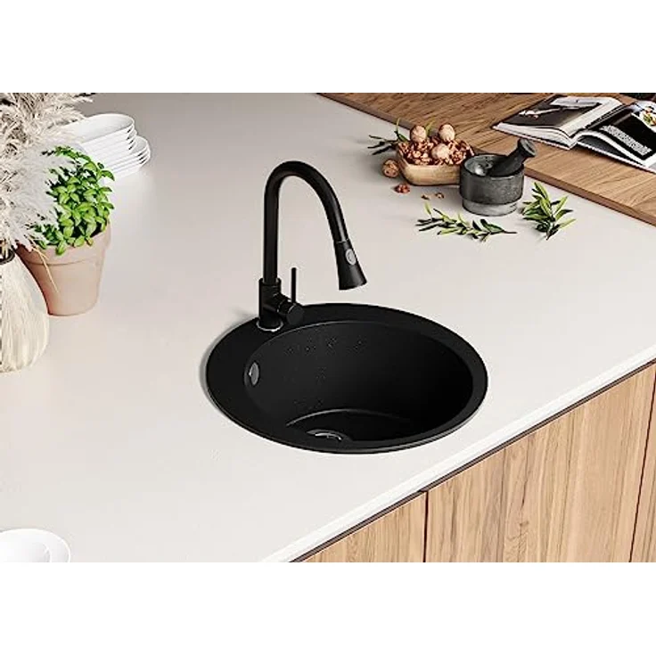 Primagran Spülbecken Rund Schwarz Metallic 50x50cm, Granitspüle 1 Becken + Ablauf-Set + Schneidebrett, Küchenspüle ab 45er Unterschrank - Top – Bild 3