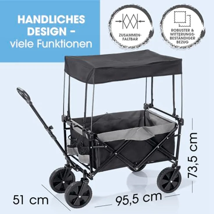 EASYmaxx Bollerwagen mit Dach faltbar, klappbarer Handwagen bis 80 kg belastbar, kompaktes Design, ausziehbarer Teleskopgriff, 360° Vorderräder, Schwarz – Bild 3