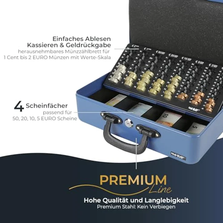 HMF 22037-05 Geldzählkassette, mit 2 Tragegriffen, herausnehmbaren Münzeinsatz und Sicherheitszylinderschloss, blau, 36 x 25 x 11 cm – Bild 2