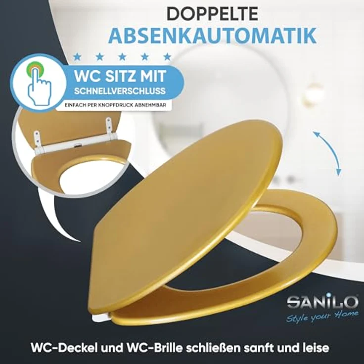 Sanilo WC Sitz Glitzer Gold, Toilettendeckel aus Holz mit Absenkautomatik und antibakterieller Oberfläche, passend für alle WC-Becken – Bild 4