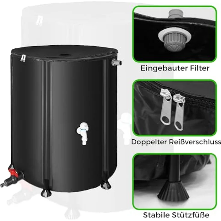 Mucola Regenwassertonne 100L faltbar mit Hahn, inkl. 2m Wasserschlauch, witterungsbeständig, mit Überlaufschutz und Reißverschlussdeckel – Bild 4