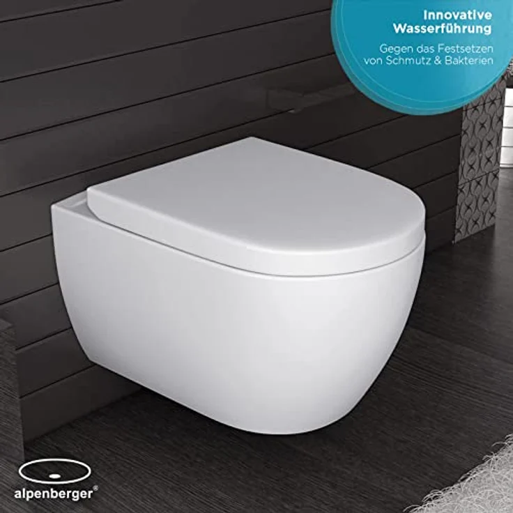 Alpenberger Moderne Toilette Spülrandlos | Komplett-Set mit Toilettendeckel mit Absenkautomatik Softclose | Wand WC für Badezimmer & Gäste WC Toiletten | Tiefspüler Passend zu Geberit (Diamond 7201 U) – Bild 2