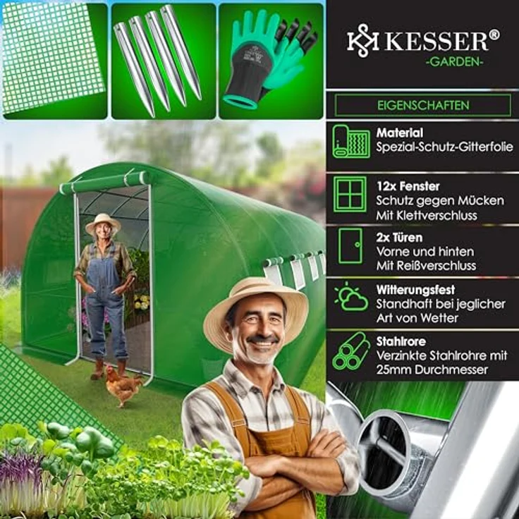 KESSER® Folien-Gewächshaus mit 12 Fenstern & Tür | Stabiler Gartentunnel aus verzinktem Stahl | 170g/m² Folientunnel 600x300cm Grün – Bild 4