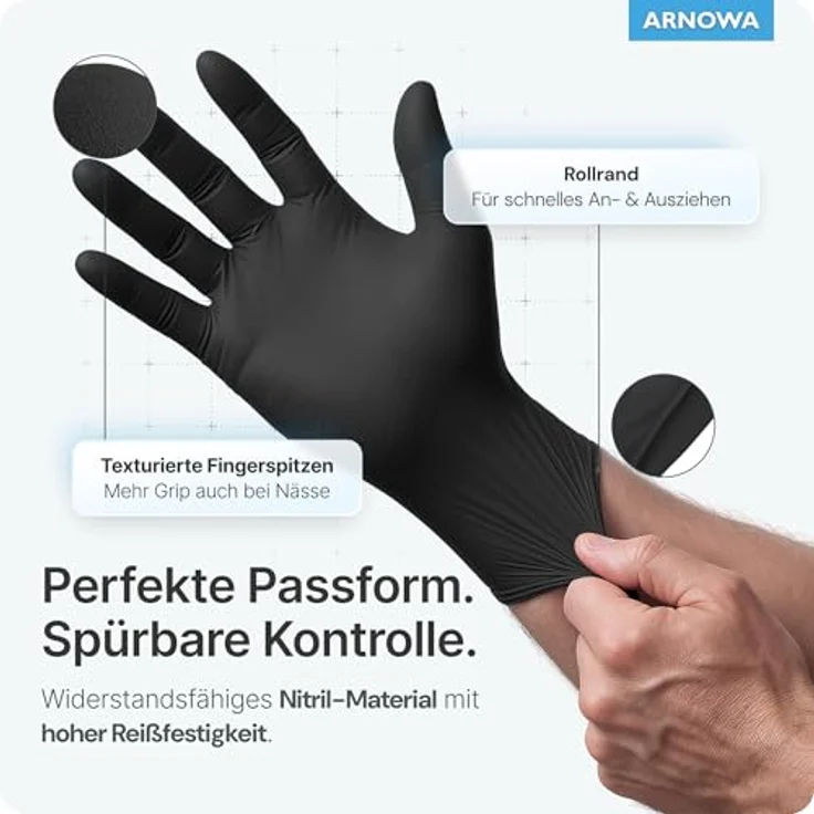 ARNOMED Nitrilhandschuhe Einweg, 100 Stück/Box, schwarze, puderfreie & latexfreie Handschuhe, Gr. XS, S, M, L & XL, reißfest, lebensmittelecht, hautfreundlich – Bild 2
