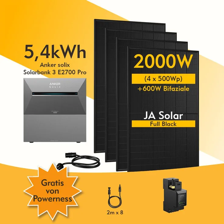 Powerness Balkonkraftwerk mit Anker SOLIX Solarbank 3 E2700 Pro, 2,688 kWh Speicher, JA Solar 2000W Bifazial PV Panel, Smart Zähler und erweiterbar mit BP2700 Akku