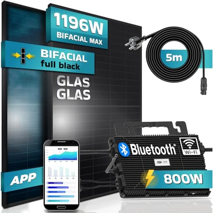 SUNNIVA® Balkonkraftwerk FULL BLACK BIFACIAL 1196W/800W Solaranlage mit 800W ASTRO-ENERGY Micro Wechselrichter Wifi Bluetooth, 2x460W Bifaziale All Black Solarmodule PV - Preisvergleich – Bild 1