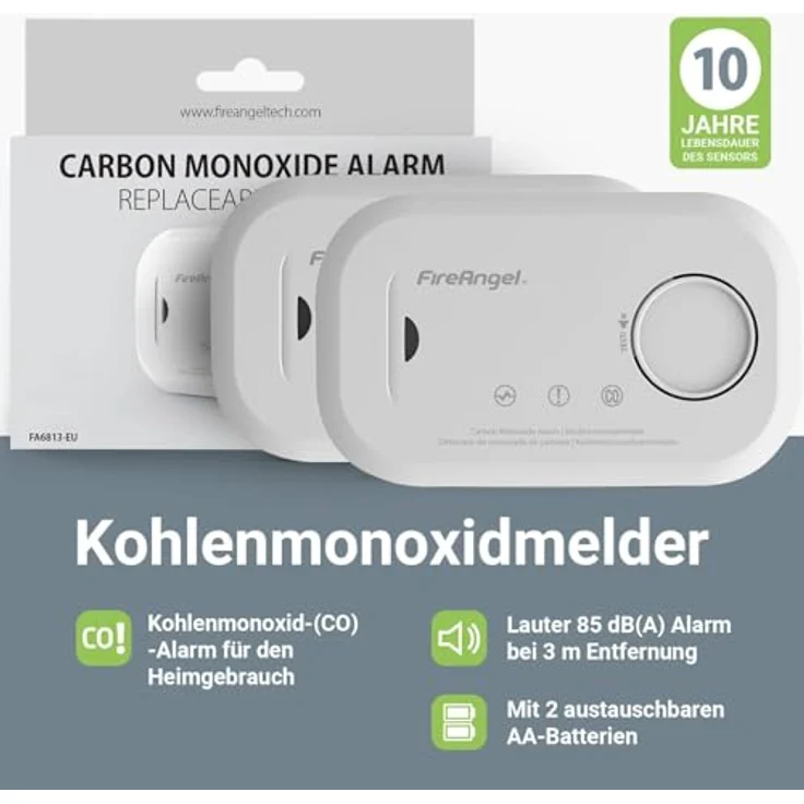 FireAngel FA6813 Kohlenmonoxid-Alarm, tragbarer CO-Monitor mit Testtaste, 85 dB, batteriebetrieben, kompakt für Reisen – Bild 2