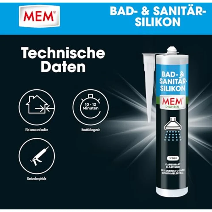 MEM Bad- & Sanitär-Silikon, Dauerhaft elastischer Silikon-Dichtstoff mit Schutz gegen Schimmelbefall, Gebrauchsfertig, Lösemittelfrei, 300 ml Kartusche, Weiß – Bild 3