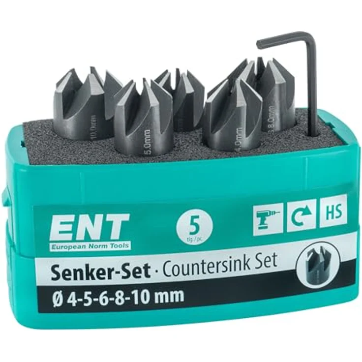 Ent European Norm Tools - ENT 26516 5-tlg Aufsteckversenker-Set HSS, Durchmesser (d) 4, 5, 6, 8 und 10 mm, e 90°, Rechts – Bild 2