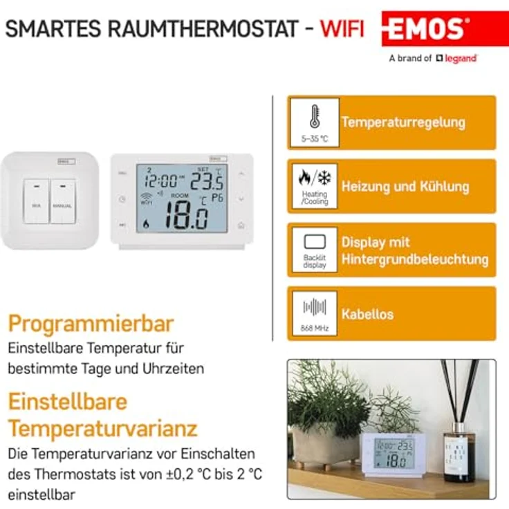 EMOS GoSmart P56211, Smart Home Raumthermostat mit App, WiFi, kompatibel mit Tuya, Google Assistant und Alexa, kabellos, weiß – Bild 2