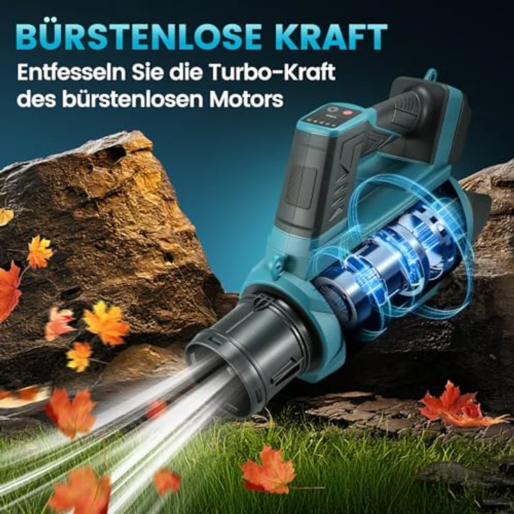 Bundviel Hochleistungs Akku-Laubbläser 21V, Bürstenloser Motor mit 5 Geschwindigkeitsstufen + Turbo, max. 90 m/s, 1500 g Blaskraft, 2 × 4Ah Akku, kabellos, leicht und mobil – Bild 3