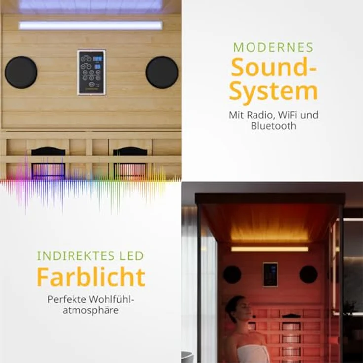 Artsauna Infrarotkabine Göteborg, Vollspektrumstrahler 1450 W, natur, 90x190x90 cm, LED-Beleuchtung, Bluetooth und Radio – Bild 4