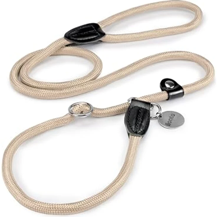 lionto Retrieverleine, wetterfest und robust, 120 cm, schnell anzulegende Leine und Halsband in Einem, vegan, beige mit Zugstopp – Bild 1