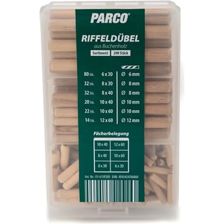 PARCO Holzdübel Set | Riffeldübel aus Buche | 200-Teilig