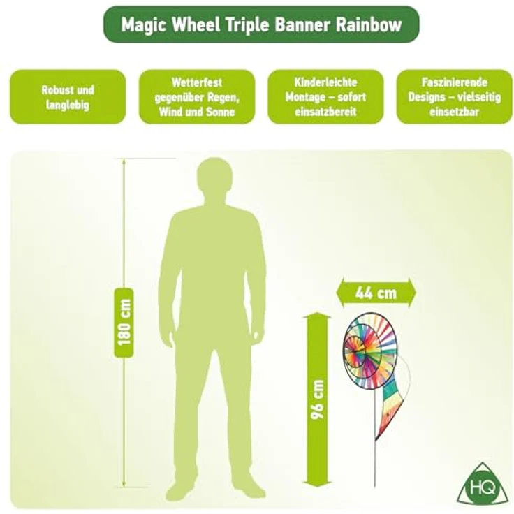 HQ Design Windspiration - Magic Wheel, UV-beständiges und wetterfestes Windspiel für Garten, Terrasse und Balkon, Triple Banner Rainbow, inklusive Standstab – Bild 2