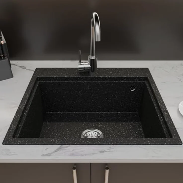 QLS Küchenspüle Comfort 0.0L, Granit-Spülbecken, 58x49,5cm mit Siphon, langlebig und kratzfest, Schwarz – Bild 2