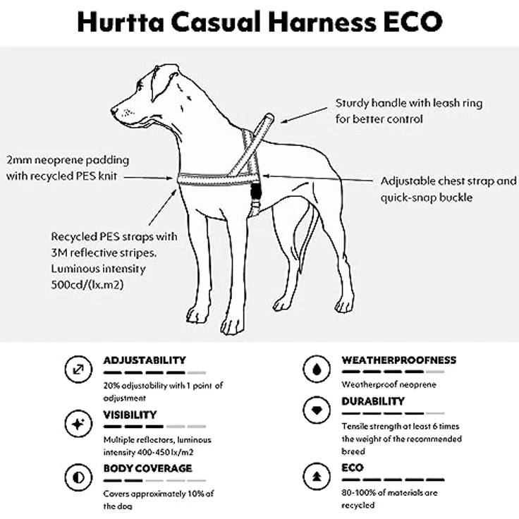 Hurtta Casual Hundegeschirr (Blau, 70-80cm) - Gepolstertes, strapazierfähiges Gurtzeug aus recycelten Materialien – Bild 2