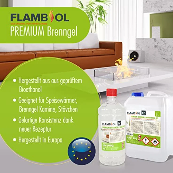 6 x 1 L FLAMBIOL® Premium Brenngel für Brenngel Dekofeuer, Lampe und Kamin - Neue REZEPTUR DICKFLÜSSIGES Gel (6 x 1 L) – Bild 5