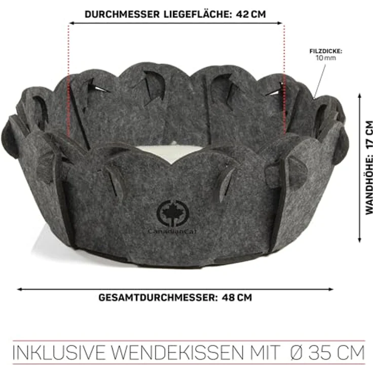 CanadianCat Company | Katzenkorb rund Katzenbett Flower Schlafkörbchen, grau, aus Filz inkl. Kissen, Ø 42 cm, ca. 48 x 48 x 17 cm – Bild 2
