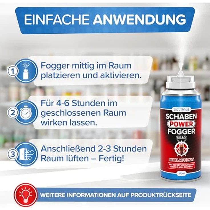 Patronus Schaben Power Fogger, 150 ml Insektenvernebler mit maximaler Sofortwirkung und fleckenfreier Anwendung – Bild 5