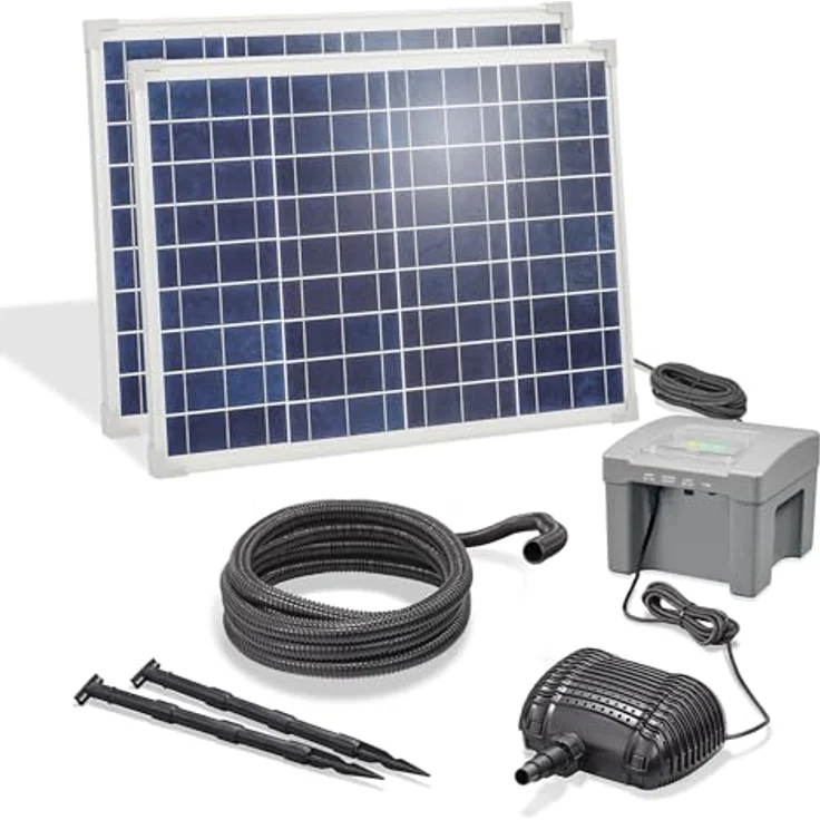 esotec Bachlaufpumpe 100/4200, Komplettset mit 2x50Wp Solarmodulen und 24Ah Akkuspeicher, max. 4200l/h, IP68 – Bild 1
