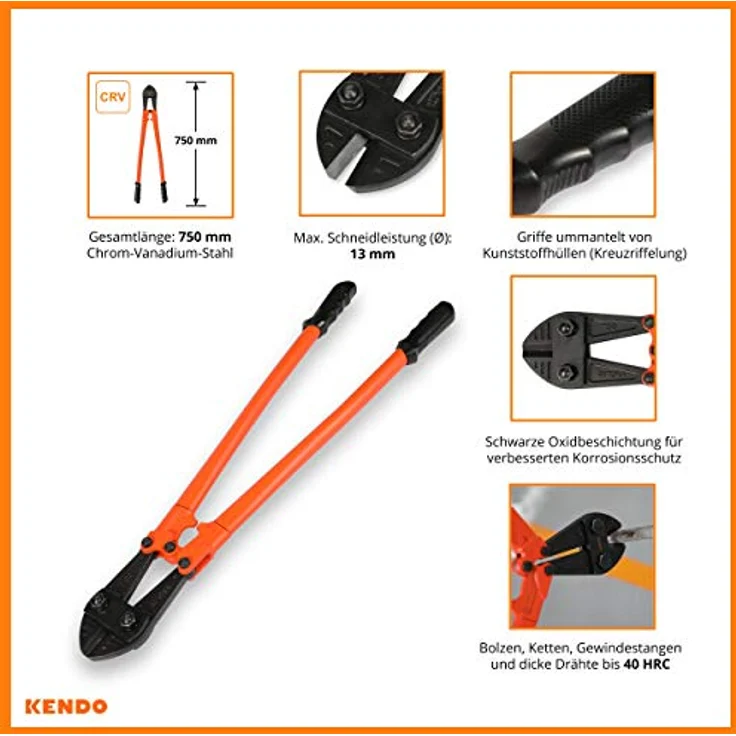 KENDO Bolzenschneider 750 mm, Schneidleistung max. 13 mm, extra gehärtete Schnittkanten aus Chrom-Vanadium-Stahl – Bild 2