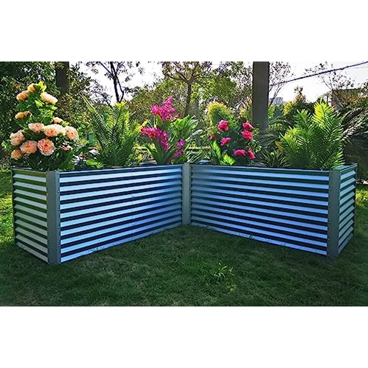 OUTFLEXX Eck-Hochbeet in Silber, Stahl mit Zincalume Beschichtung, 270x270x90x84cm, Gemüsebeet Blumenbeet aus Metall für Garten & Balkon