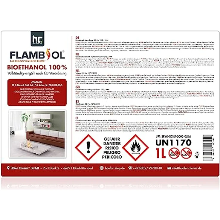 Höfer Chemie 6 x 1 L FLAMBIOL® Bioethanol Probierset für Ethanol Kamin, Ethanol Feuerstelle, Ethanol Tischfeuer und Bioethanol Kamin – Bild 3