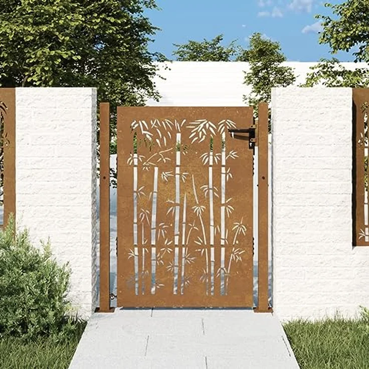 vidaXL Gartentor Gartentor 105x155 cm Cortenstahl Bambus-Design Abschließbar Zauntor, Rostig – Bild 2