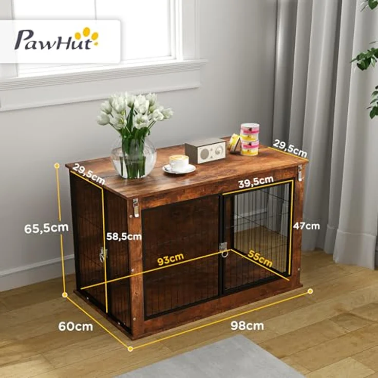 PawHut Hundekäfig Möbel, Hundebox für große Hunde unter 30 kg, Stahl, 98 x 60 x 65,5 cm, Rustikales Braun – Bild 5