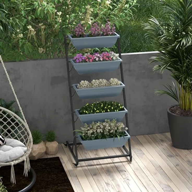 Outsunny Pflanzenständer, Blumenregal mit 5 Etagen und Rollen, Grau, für Innen- und Außeneinsatz, mit Drainagelöchern, 65 x 67 x 145 cm – Bild 2