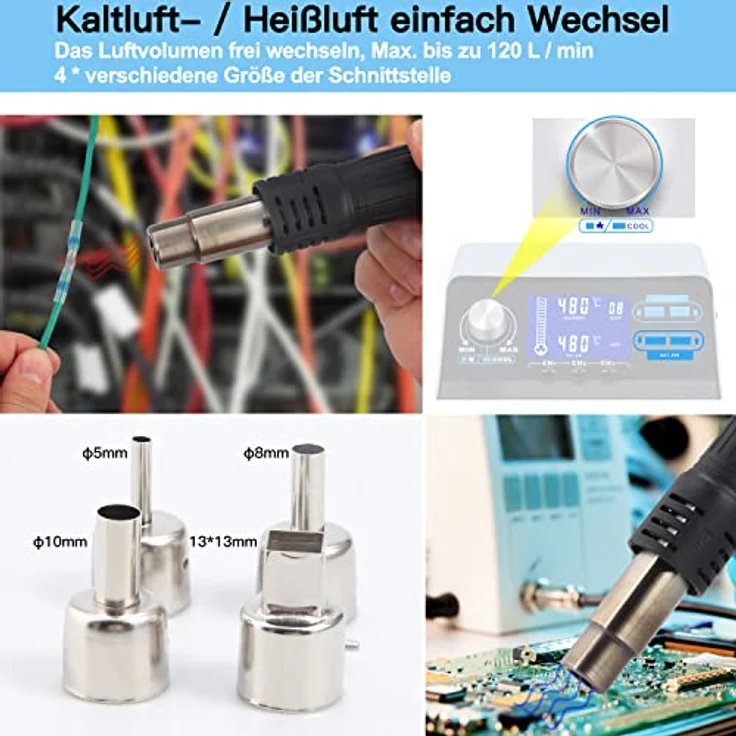 Preciva 992D+ Heißluftlötstation, 750W Profi 2 in 1 Entlötstation mit temperaturgeregeltem Lötkolben (200-480°C) und Heißluftfunktion (100-480°C), 3 Speicherplätze, LCD-Displays – Bild 5