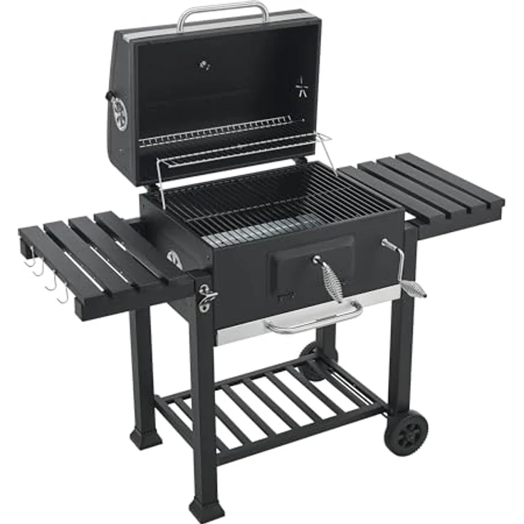 casa.pro Grillwagen 'Arnad' 105x135x47,5cm Schwarz, mit integriertem Deckelthermometer und höhenverstellbarem Holzkohlebehälter – Bild 9