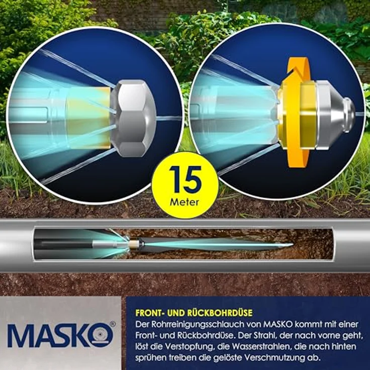MASKO Premium Rohrreinigungsschlauch Set Abflussreiniger 200 bar inkl. Tasche 3 Adapter 2 Düsen + rotierend kompatibel mit Kärcher k2-k7 LAVOR Hochdruckreiniger universal Rohrreinigungsset 15m, Schwarz - Premium – Bild 4