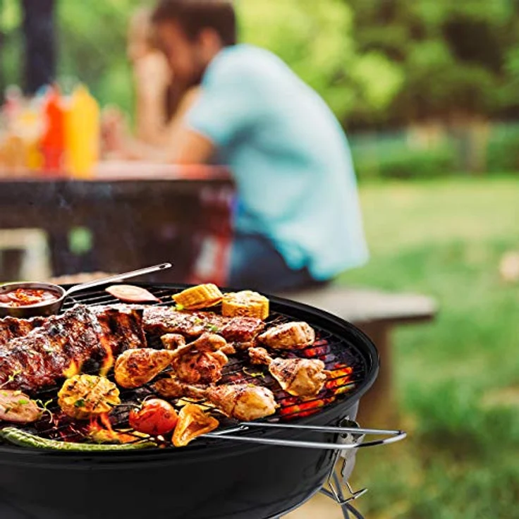 Relaxdays Kugelgrill, tragbar, mit Deckel, leckeres BBQ, Picknickgrill mit großer Holzkohlegrillfläche, Holzkohle, Ø36cm, rot – Bild 4