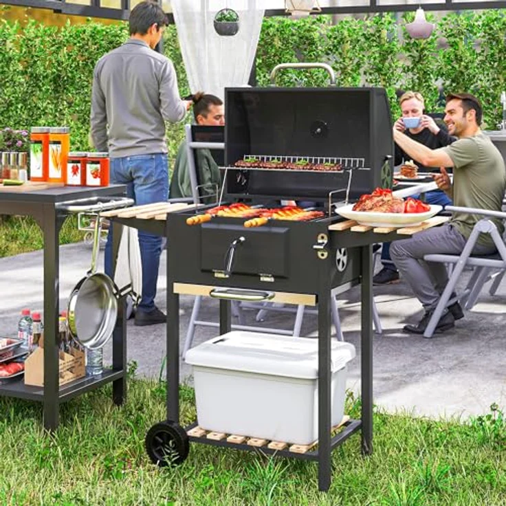 Outsunny Holzkohlegrill fahrbar mit Deckel Thermometer Grillrost Räder verstellbar Kohlewanne, BBQ Smoker für Camping Garten 112x58x107cm – Bild 2
