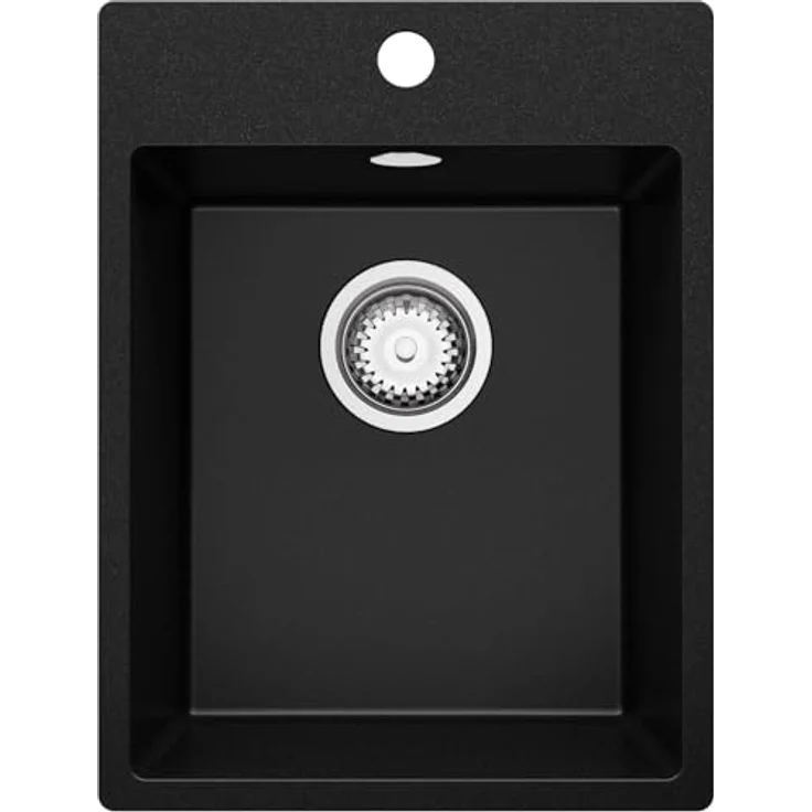 Primagran Spülbecken Schwarz 38x50cm, Granitspüle 1 Becken + Ablauf-Set, Küchenspüle ab 40er Unterschrank - Riga, Hitzebeständig und schlagresistent – Bild 1