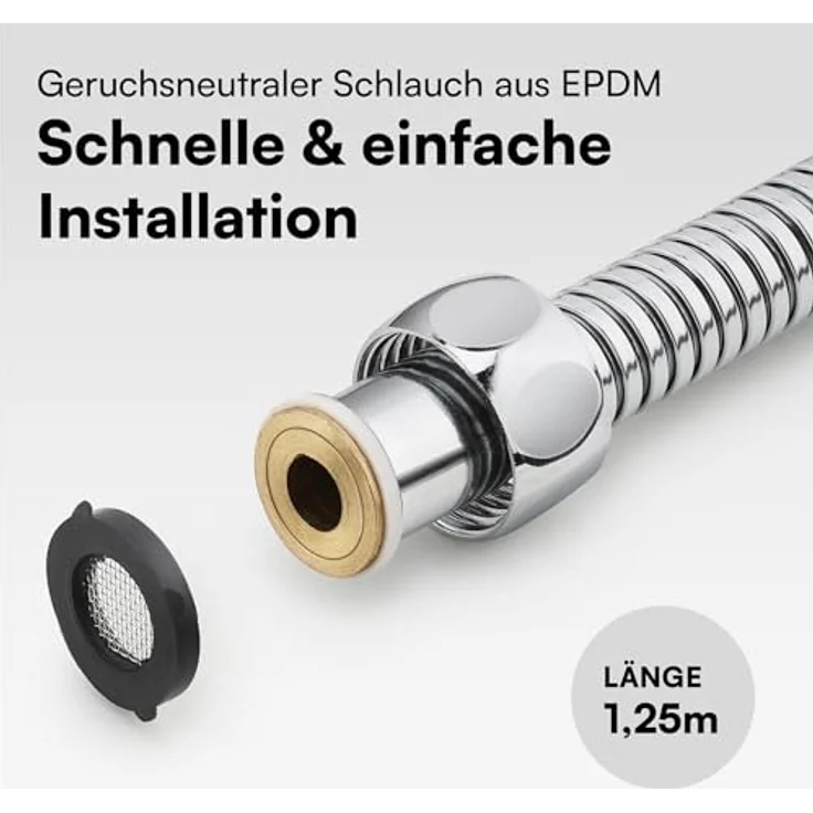 H&S Edelstahl Duschschlauch mit 2 Unterlegscheiben - 1,25m mit 1/2 Zoll Anschluss - Universal Brauseschlauch mit Chrom-Finish - Knickschutz Schlauch für Dusche & Badewanne – Bild 2