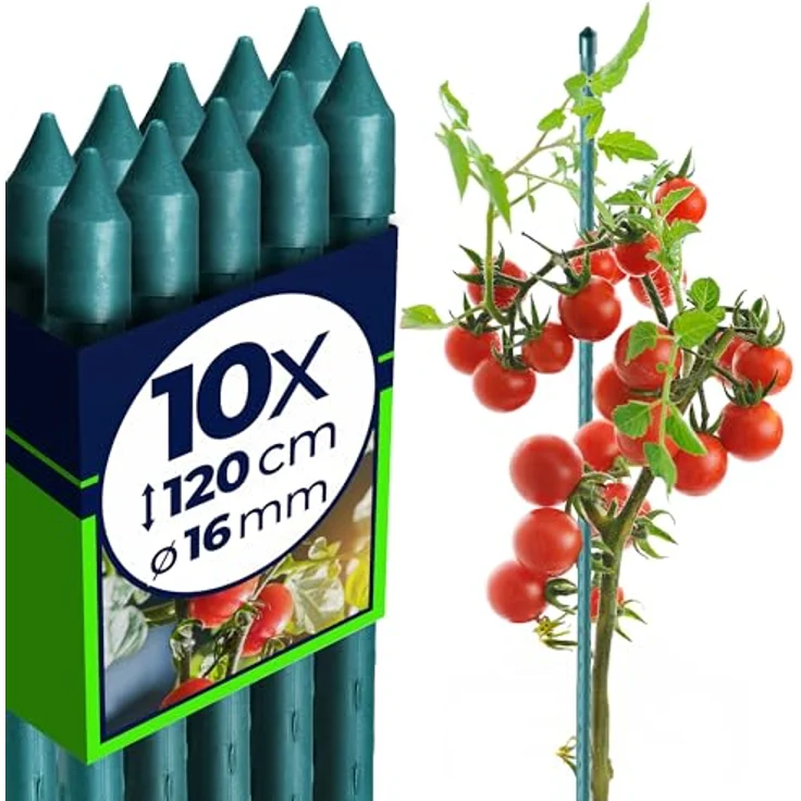 KADAX Pflanzstäbe 10er Set, 120 cm x 16 mm, pulverbeschichteter Stahl Rankstab, wetterfest & stabil für Gartenpflege – Bild 1