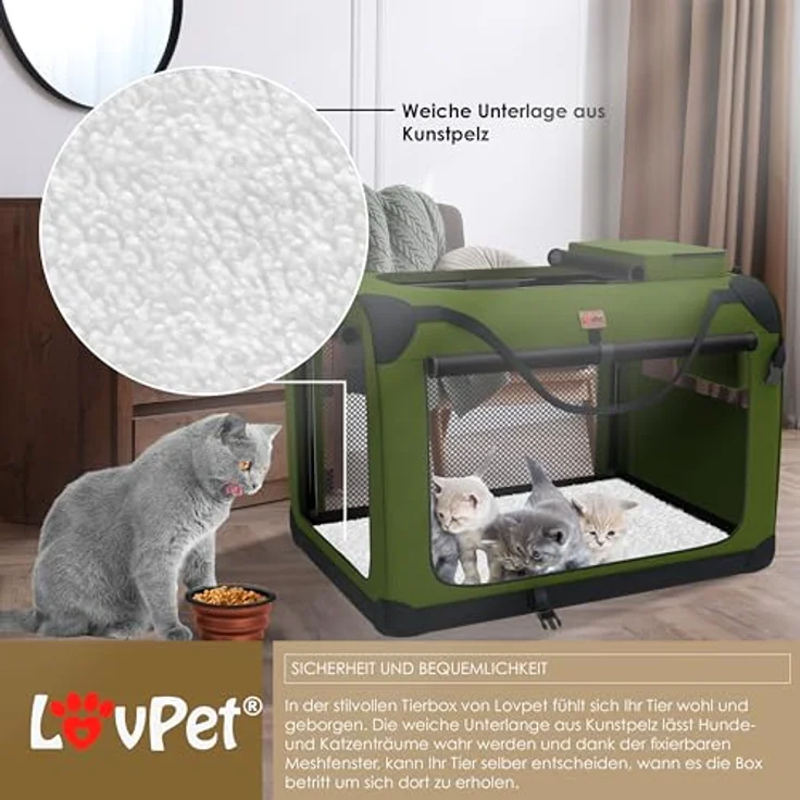 Lovpet® Transportbox Hund Katze Transporttasche XXL 91,4x63,5x63,5cm Faltbar | Inkl. Hundenapf & Schultergurt | Khaki – Bild 4