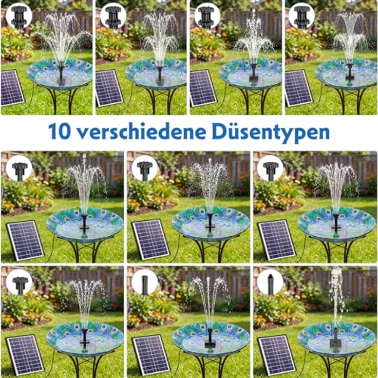 AISITIN 6,5W Solar Springbrunnen mit 1500mAh Batterie, schwimmende Fontäne mit 10 Düsen für Garten, Vogelbad und Teich – Bild 3