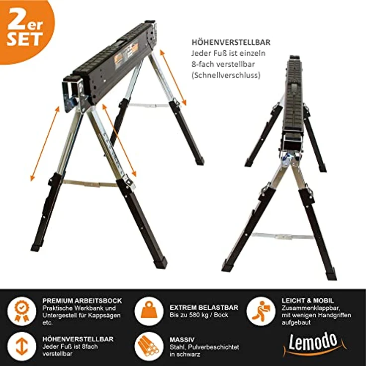 Premium Arbeitsbock, klappbar, höhenverstellbar, Sägebock (2er Set) – Bild 3