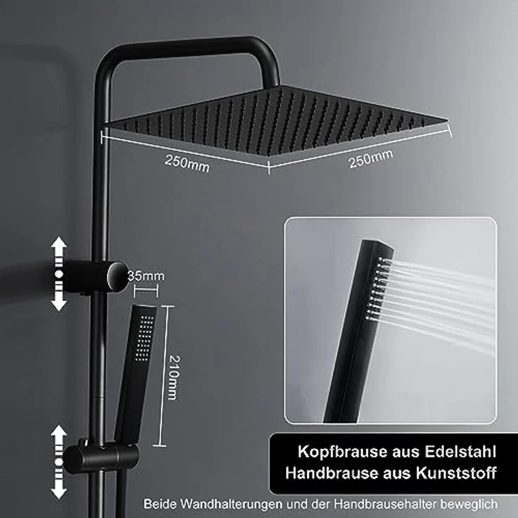 Görbach Edelstahl Regendusche Duschset 25x25 cm, Duschsystem ohne Armatur, verstellbare Duschstange und schwarze Duschablage – Bild 3