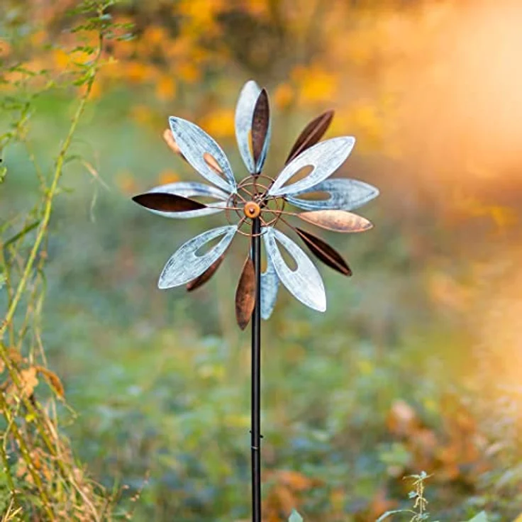 Kinetic Art Copper Flower Duett, Metall Windspiel mit kugelgelagertem Windrad, Solarpanel und LED, wetterfest mit stabilen Bodenankern für Garten und Terrasse – Bild 5