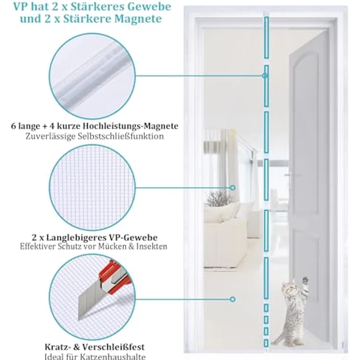 Apalus VP Fliegengitter Tür, Magnet Insektenschutz für Balkontüren 100x200 cm, Katzenkrallen-sicher, verstärkte Magneten, 3.8 cm breites Klettband, nicht kürzbar – Bild 2