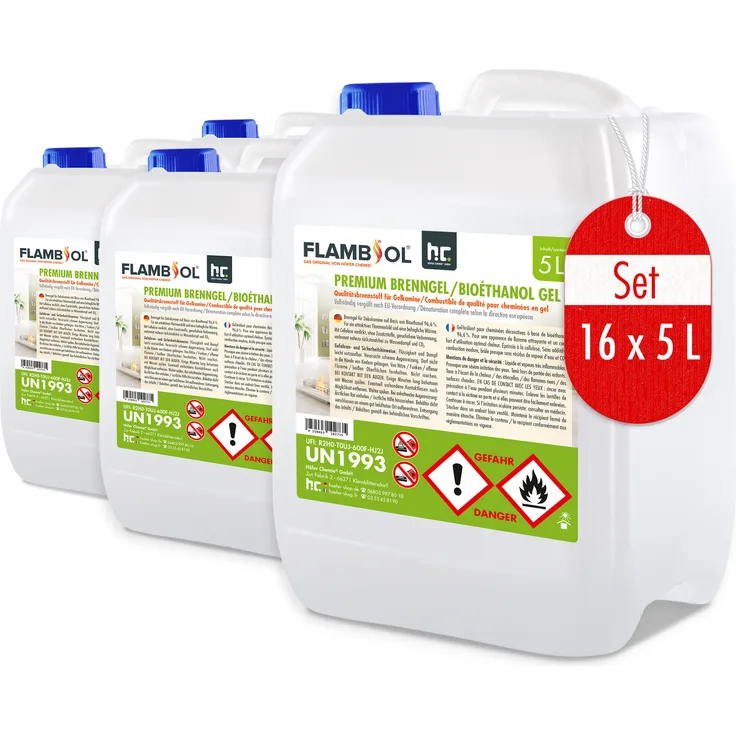 Höfer Chemie 16x 5 L FLAMBIOL® Premium Brenngel mit verbesserter Rezeptur, Bioethanol, für Kamine drinnen & draußen