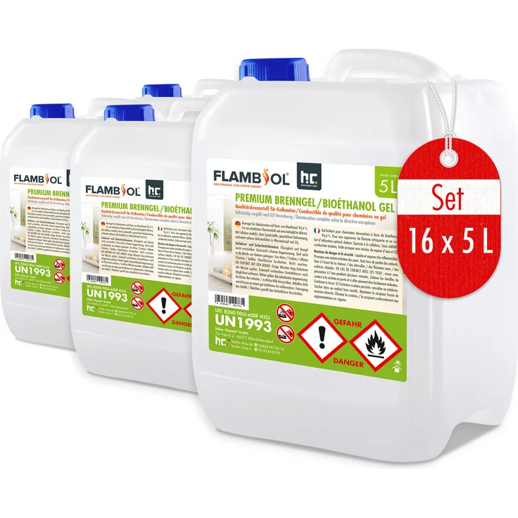 Höfer Chemie 16x 5 L FLAMBIOL® Premium Brenngel mit verbesserter Rezeptur, Bioethanol, für Kamine drinnen & draußen